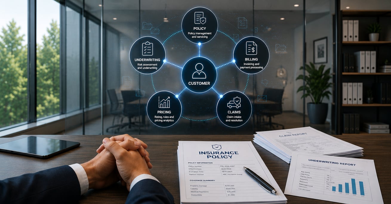 Insurance office scene with a digital diagram connecting the customer to policy, billing, claims, pricing, and underwriting processes.